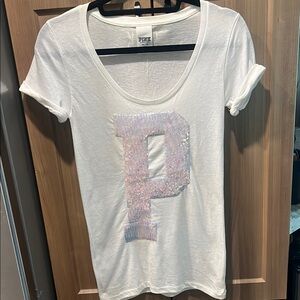 PINK Victoria's Secret White Fitted Sequin Tee